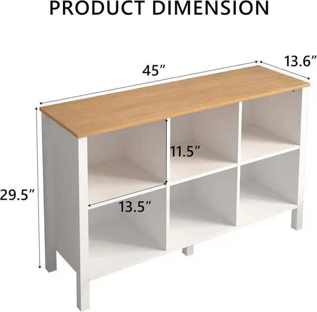 Alt view image 2 of 7 - 6-Cube Bookcase, Farmhouse Wooden Bookshelf Low Storage Organizer, 45" Horizontal White Console with Legs, Hallway Book Case for Entryway, Display Cabinet for Living Room (White, 6-Cube)