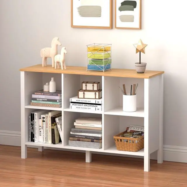 Main image of 6-Cube Bookcase, Farmhouse Wooden Bookshelf Low Storage Organizer, 45" Horizontal White Console with Legs, Hallway Book Case for Entryway, Display Cabinet for Living Room (White, 6-Cube)