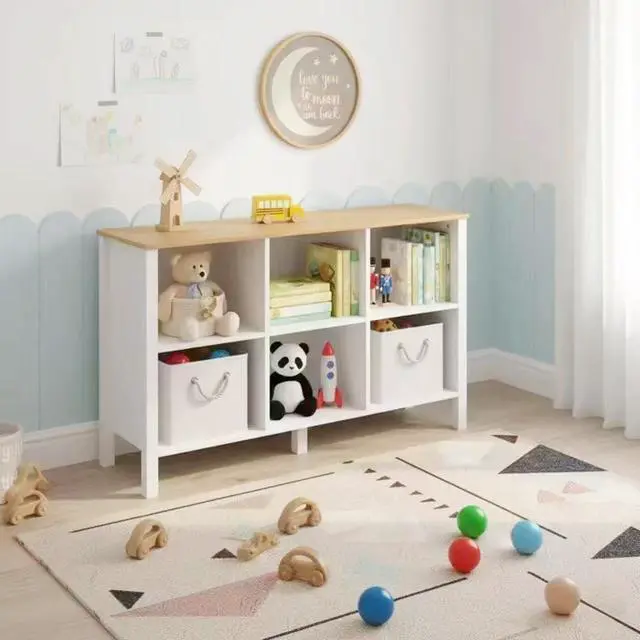 Alt view image 3 of 7 - 6-Cube Bookcase, Farmhouse Wooden Bookshelf Low Storage Organizer, 45" Horizontal White Console with Legs, Hallway Book Case for Entryway, Display Cabinet for Living Room (White, 6-Cube)