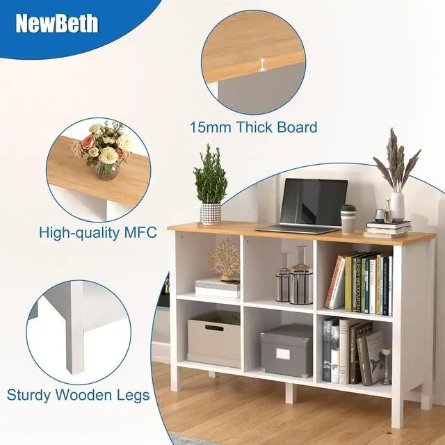 Alt view image 4 of 7 - 6-Cube Bookcase, Farmhouse Wooden Bookshelf Low Storage Organizer, 45" Horizontal White Console with Legs, Hallway Book Case for Entryway, Display Cabinet for Living Room (White, 6-Cube)