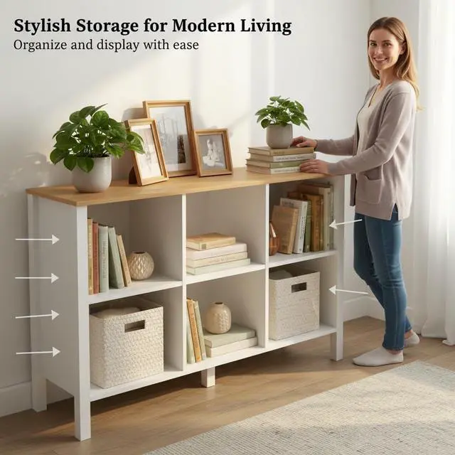 Alt view image 5 of 7 - 6-Cube Bookcase, Farmhouse Wooden Bookshelf Low Storage Organizer, 45" Horizontal White Console with Legs, Hallway Book Case for Entryway, Display Cabinet for Living Room (White, 6-Cube)
