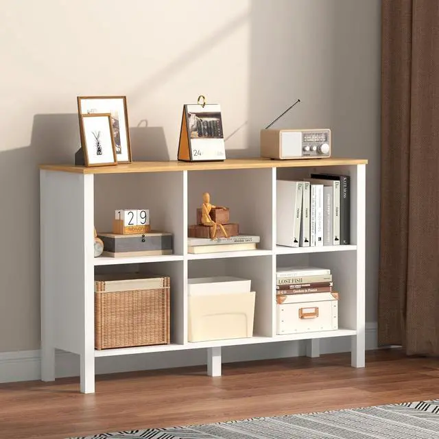 Alt view image 7 of 7 - 6-Cube Bookcase, Farmhouse Wooden Bookshelf Low Storage Organizer, 45" Horizontal White Console with Legs, Hallway Book Case for Entryway, Display Cabinet for Living Room (White, 6-Cube)