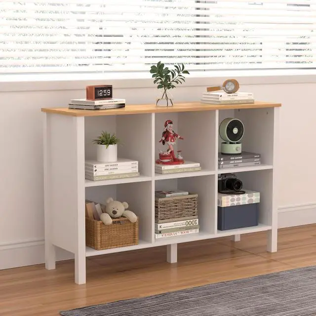Alt view image 6 of 7 - 6-Cube Bookcase, Farmhouse Wooden Bookshelf Low Storage Organizer, 45" Horizontal White Console with Legs, Hallway Book Case for Entryway, Display Cabinet for Living Room (White, 6-Cube)