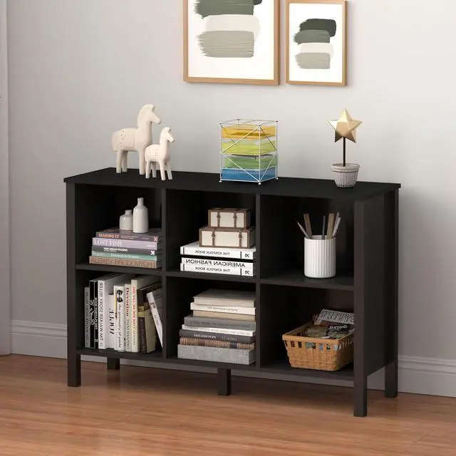 Main image of 6-Cube Bookcase, Farmhouse Wooden Bookshelf Low Storage Organizer, 45" Horizontal Black Console with Legs, Hallway Book Case for Entryway, Display Cabinet for Living Room (Black, 6-Cube)