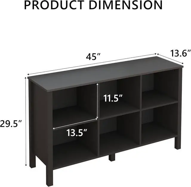 Alt view image 2 of 7 - 6-Cube Bookcase, Farmhouse Wooden Bookshelf Low Storage Organizer, 45" Horizontal Black Console with Legs, Hallway Book Case for Entryway, Display Cabinet for Living Room (Black, 6-Cube)