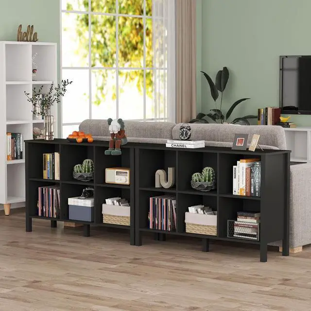 Alt view image 5 of 7 - 6-Cube Bookcase, Farmhouse Wooden Bookshelf Low Storage Organizer, 45" Horizontal Black Console with Legs, Hallway Book Case for Entryway, Display Cabinet for Living Room (Black, 6-Cube)