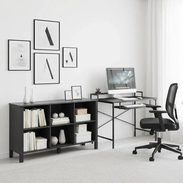 Alt view image 6 of 7 - 6-Cube Bookcase, Farmhouse Wooden Bookshelf Low Storage Organizer, 45" Horizontal Black Console with Legs, Hallway Book Case for Entryway, Display Cabinet for Living Room (Black, 6-Cube)
