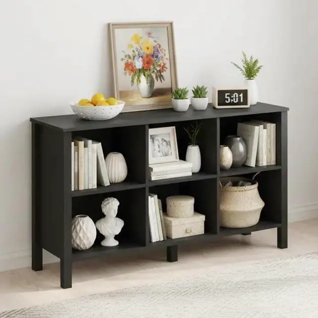 Alt view image 4 of 7 - 6-Cube Bookcase, Farmhouse Wooden Bookshelf Low Storage Organizer, 45" Horizontal Black Console with Legs, Hallway Book Case for Entryway, Display Cabinet for Living Room (Black, 6-Cube)