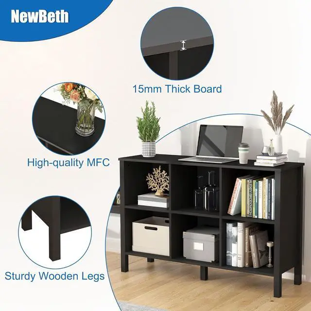 Alt view image 3 of 7 - 6-Cube Bookcase, Farmhouse Wooden Bookshelf Low Storage Organizer, 45" Horizontal Black Console with Legs, Hallway Book Case for Entryway, Display Cabinet for Living Room (Black, 6-Cube)