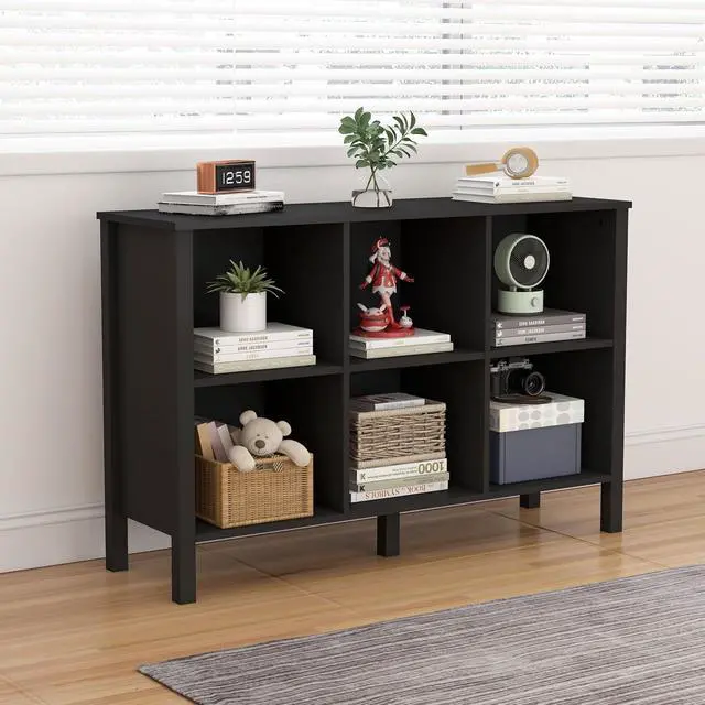 Alt view image 7 of 7 - 6-Cube Bookcase, Farmhouse Wooden Bookshelf Low Storage Organizer, 45" Horizontal Black Console with Legs, Hallway Book Case for Entryway, Display Cabinet for Living Room (Black, 6-Cube)
