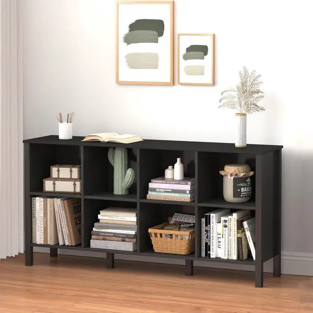 Main image of 8-Cube Bookcase, Farmhouse Wooden Bookshelf Low Storage Organizer, 59" Horizontal Black Console with Legs, Hallway Book Case for Entryway, Display Cabinet for Living Room (Black, 8-Cube)