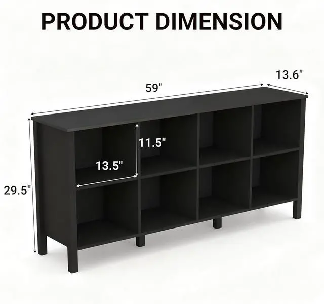 Alt view image 2 of 7 - 8-Cube Bookcase, Farmhouse Wooden Bookshelf Low Storage Organizer, 59" Horizontal Black Console with Legs, Hallway Book Case for Entryway, Display Cabinet for Living Room (Black, 8-Cube)