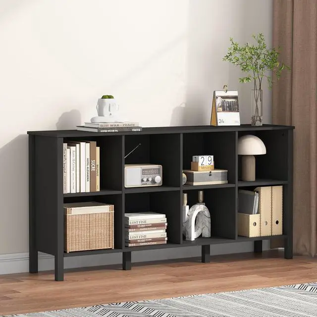 Alt view image 4 of 7 - 8-Cube Bookcase, Farmhouse Wooden Bookshelf Low Storage Organizer, 59" Horizontal Black Console with Legs, Hallway Book Case for Entryway, Display Cabinet for Living Room (Black, 8-Cube)