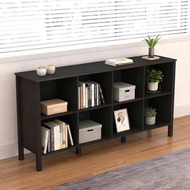 Alt view image 5 of 7 - 8-Cube Bookcase, Farmhouse Wooden Bookshelf Low Storage Organizer, 59" Horizontal Black Console with Legs, Hallway Book Case for Entryway, Display Cabinet for Living Room (Black, 8-Cube)