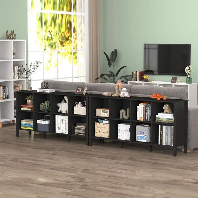 Alt view image 6 of 7 - 8-Cube Bookcase, Farmhouse Wooden Bookshelf Low Storage Organizer, 59" Horizontal Black Console with Legs, Hallway Book Case for Entryway, Display Cabinet for Living Room (Black, 8-Cube)