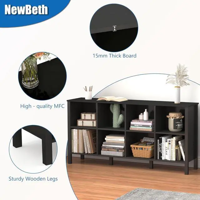 Alt view image 3 of 7 - 8-Cube Bookcase, Farmhouse Wooden Bookshelf Low Storage Organizer, 59" Horizontal Black Console with Legs, Hallway Book Case for Entryway, Display Cabinet for Living Room (Black, 8-Cube)