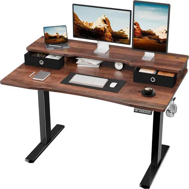 Main image of Electric Standing Desk, Rustic Walnut, 48x24 Inch | Height Adjustable, With Drawers, Storage Shelf, Ergonomic