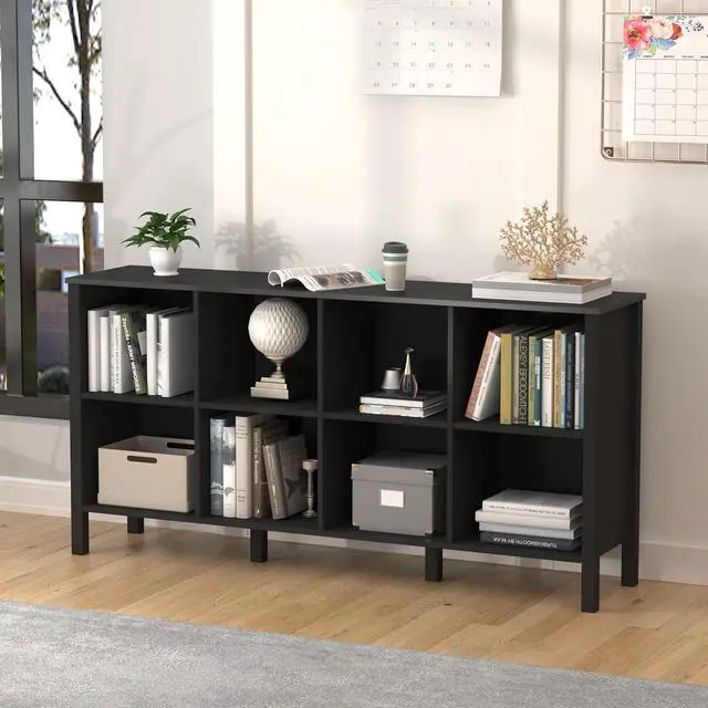 Alt view image 7 of 7 - 8-Cube Bookcase, Farmhouse Wooden Bookshelf Low Storage Organizer, 59" Horizontal Black Console with Legs, Hallway Book Case for Entryway, Display Cabinet for Living Room (Black, 8-Cube)