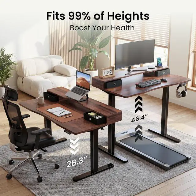Alt view image 3 of 7 - Electric Standing Desk, Rustic Walnut, 48x24 Inch | Height Adjustable, With Drawers, Storage Shelf, Ergonomic