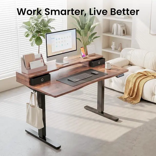 Alt view image 4 of 7 - Electric Standing Desk, Rustic Walnut, 48x24 Inch | Height Adjustable, With Drawers, Storage Shelf, Ergonomic
