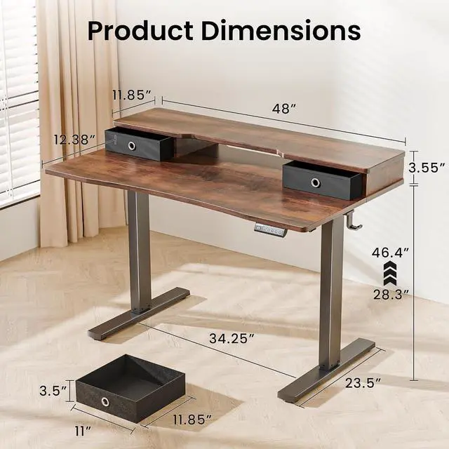 Alt view image 2 of 7 - Electric Standing Desk, Rustic Walnut, 48x24 Inch | Height Adjustable, With Drawers, Storage Shelf, Ergonomic