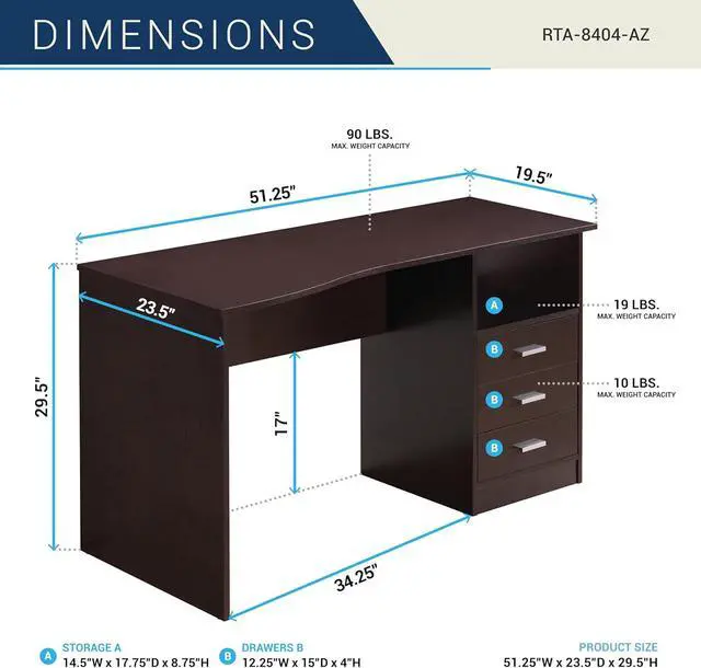 Alt view image 3 of 7 - 51 Inch Classic Computer Desk w/Drawers & Storage, Wenge | 51 Inch classic desk with 3 drawers, spacious storage, sturdy frame, and functional home office workstation for modern setups