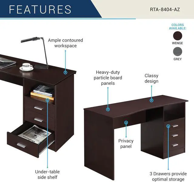 Alt view image 4 of 7 - 51 Inch Classic Computer Desk w/Drawers & Storage, Wenge | 51 Inch classic desk with 3 drawers, spacious storage, sturdy frame, and functional home office workstation for modern setups