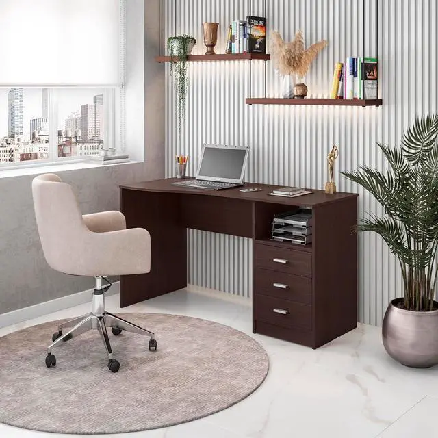 Alt view image 2 of 7 - 51 Inch Classic Computer Desk w/Drawers & Storage, Wenge | 51 Inch classic desk with 3 drawers, spacious storage, sturdy frame, and functional home office workstation for modern setups