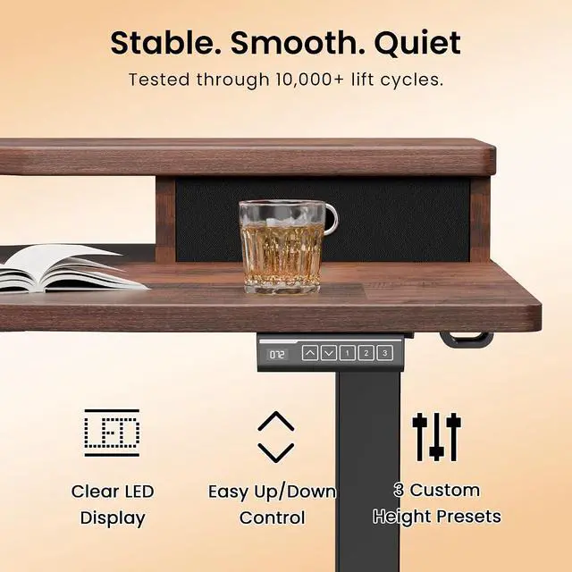 Alt view image 7 of 7 - Electric Standing Desk, Rustic Walnut, 48x24 Inch | Height Adjustable, With Drawers, Storage Shelf, Ergonomic