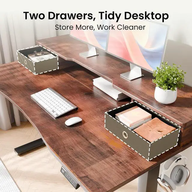 Alt view image 5 of 7 - Electric Standing Desk, Rustic Walnut, 48x24 Inch | Height Adjustable, With Drawers, Storage Shelf, Ergonomic