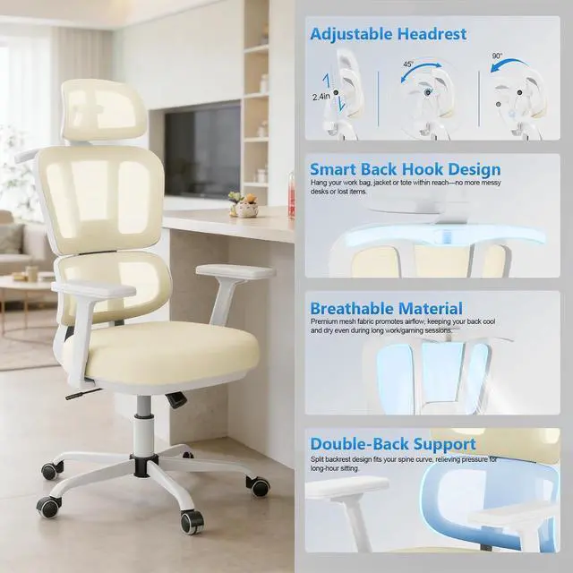 Alt view image 4 of 7 - Office Chair Ergonomic Desk Chair with Lumbar Support and Headrest, Thick Cushion Mesh Computer Chair with Armrest and Tilt Lock, High Back Home Office Desk Chairs for Men Women