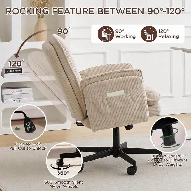 Alt view image 4 of 7 - Criss Cross Chair with Armrests & Wheels for Cross-Legged Sitting, Comfortable High Back Office Chair, Big and Tall Adjustable Swivel Desk Chair for Home, Makeup and Bedroom,Cream