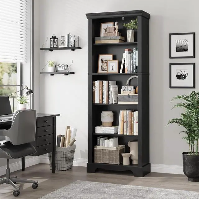 Main image of 5-Tier Bookshelves and Bookcases, 61.1 inch Tall Bookshelf with Ample Storage Space, Wooden Bookcase, Modern Bookshelf for Study Room, Living Room, Home Office, Bedroom (Black)