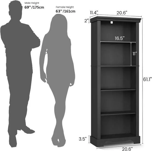 Alt view image 2 of 7 - 5-Tier Bookshelves and Bookcases, 61.1 inch Tall Bookshelf with Ample Storage Space, Wooden Bookcase, Modern Bookshelf for Study Room, Living Room, Home Office, Bedroom (Black)