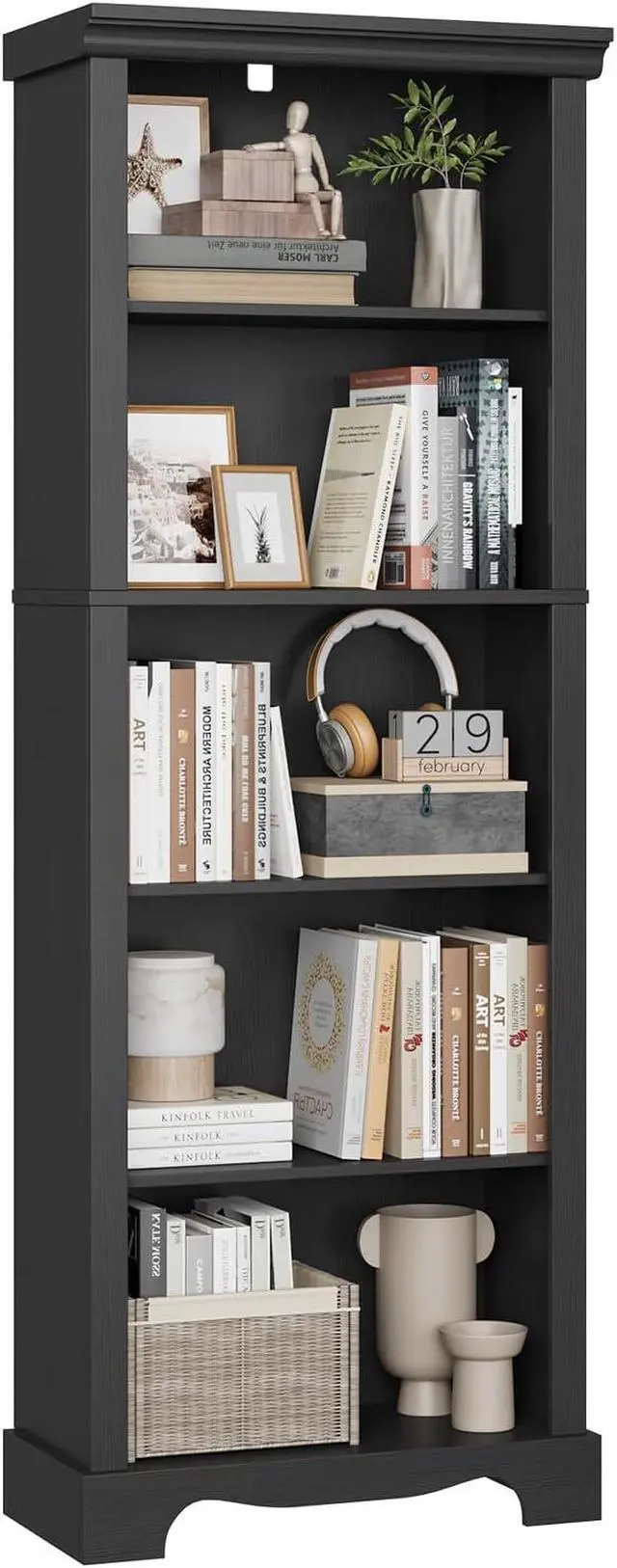 Alt view image 5 of 7 - 5-Tier Bookshelves and Bookcases, 61.1 inch Tall Bookshelf with Ample Storage Space, Wooden Bookcase, Modern Bookshelf for Study Room, Living Room, Home Office, Bedroom (Black)