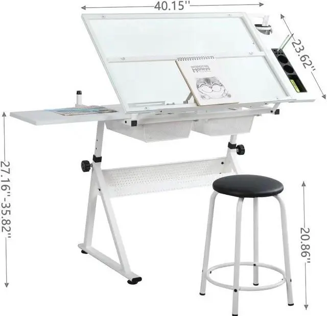 Alt view image 2 of 7 - White Drafting Table Desk w/Stool, Painting Table Art Craft Desk Crafting Table with Tilting Tempered Glass Top, 2 Storage Drawers, Height Adjustable