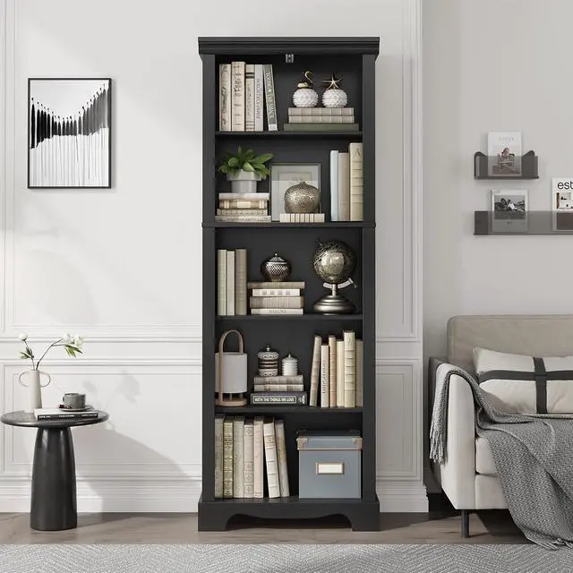 Alt view image 6 of 7 - 5-Tier Bookshelves and Bookcases, 61.1 inch Tall Bookshelf with Ample Storage Space, Wooden Bookcase, Modern Bookshelf for Study Room, Living Room, Home Office, Bedroom (Black)