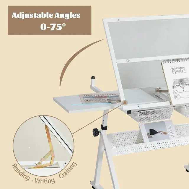 Alt view image 4 of 7 - White Drafting Table Desk w/Stool, Painting Table Art Craft Desk Crafting Table with Tilting Tempered Glass Top, 2 Storage Drawers, Height Adjustable