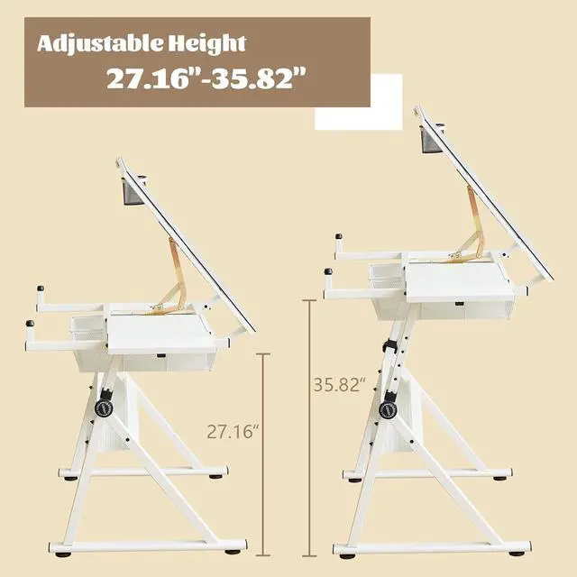 Alt view image 3 of 7 - White Drafting Table Desk w/Stool, Painting Table Art Craft Desk Crafting Table with Tilting Tempered Glass Top, 2 Storage Drawers, Height Adjustable