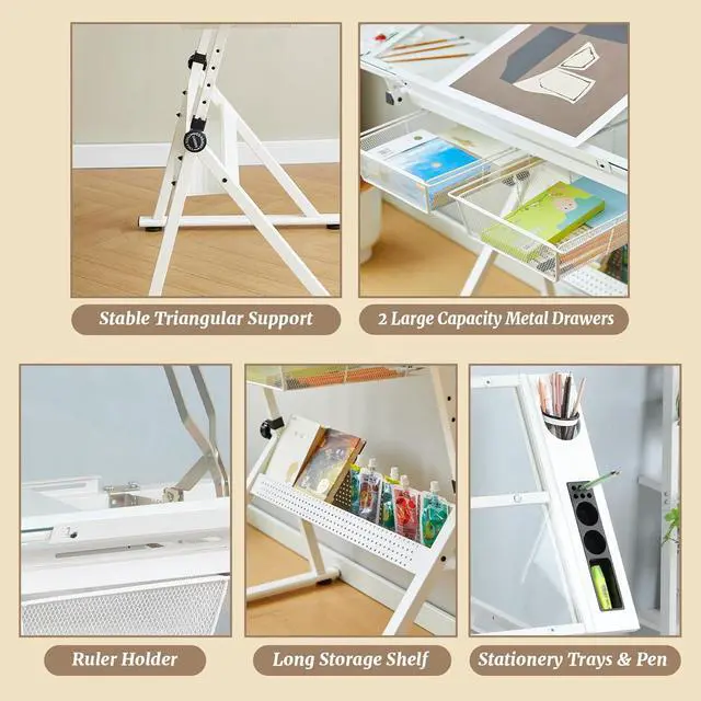 Alt view image 5 of 7 - White Drafting Table Desk w/Stool, Painting Table Art Craft Desk Crafting Table with Tilting Tempered Glass Top, 2 Storage Drawers, Height Adjustable