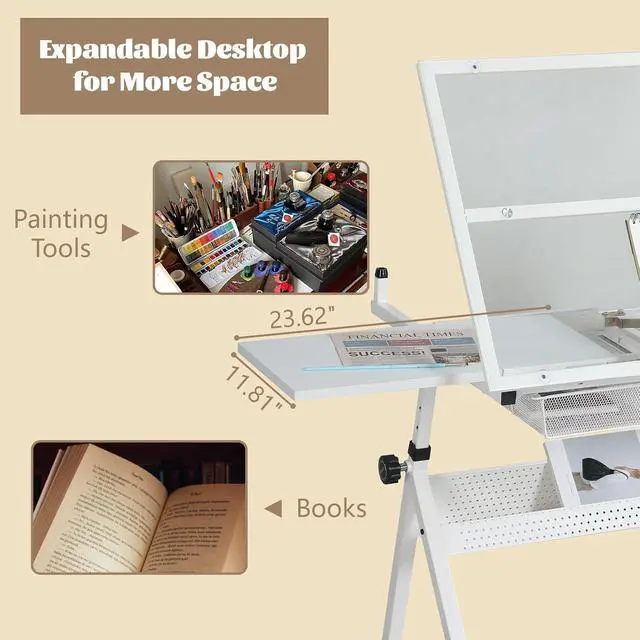 Alt view image 6 of 7 - White Drafting Table Desk w/Stool, Painting Table Art Craft Desk Crafting Table with Tilting Tempered Glass Top, 2 Storage Drawers, Height Adjustable