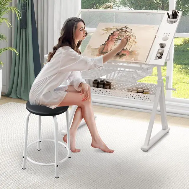 Main image of Drafting Table Desk w/Stool, Painting Table Art Craft Desk Crafting Table with Tilting Tempered Glass Top, 2 Storage Drawers, Upgraded Hand Crank Height Adjustable (White)