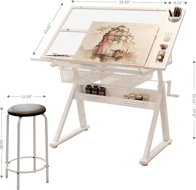 Alt view image 2 of 7 - Drafting Table Desk w/Stool, Painting Table Art Craft Desk Crafting Table with Tilting Tempered Glass Top, 2 Storage Drawers, Upgraded Hand Crank Height Adjustable (White)