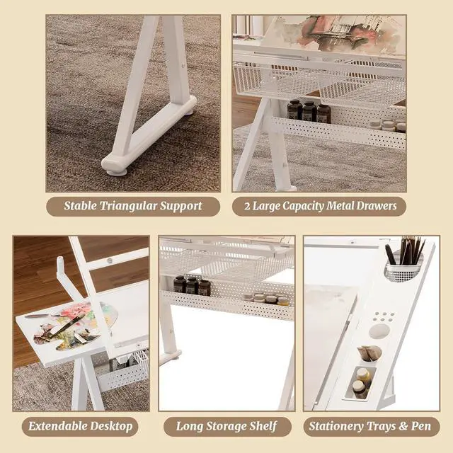 Alt view image 3 of 7 - Drafting Table Desk w/Stool, Painting Table Art Craft Desk Crafting Table with Tilting Tempered Glass Top, 2 Storage Drawers, Upgraded Hand Crank Height Adjustable (White)