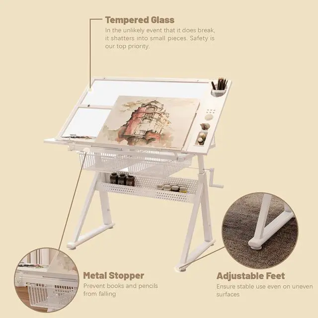 Alt view image 4 of 7 - Drafting Table Desk w/Stool, Painting Table Art Craft Desk Crafting Table with Tilting Tempered Glass Top, 2 Storage Drawers, Upgraded Hand Crank Height Adjustable (White)