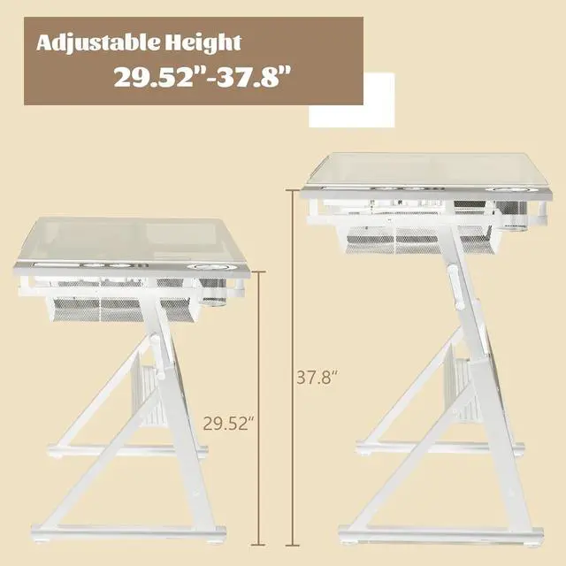 Alt view image 5 of 7 - Drafting Table Desk w/Stool, Painting Table Art Craft Desk Crafting Table with Tilting Tempered Glass Top, 2 Storage Drawers, Upgraded Hand Crank Height Adjustable (White)