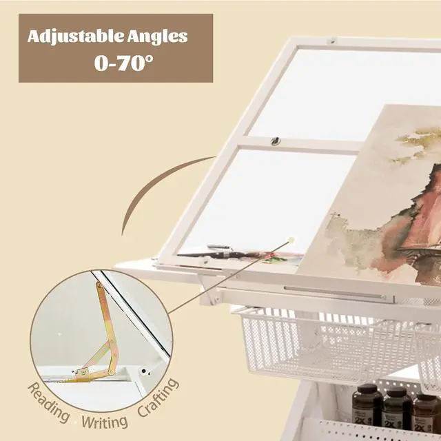 Alt view image 6 of 7 - Drafting Table Desk w/Stool, Painting Table Art Craft Desk Crafting Table with Tilting Tempered Glass Top, 2 Storage Drawers, Upgraded Hand Crank Height Adjustable (White)