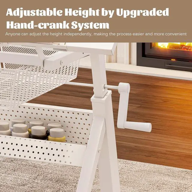 Alt view image 7 of 7 - Drafting Table Desk w/Stool, Painting Table Art Craft Desk Crafting Table with Tilting Tempered Glass Top, 2 Storage Drawers, Upgraded Hand Crank Height Adjustable (White)