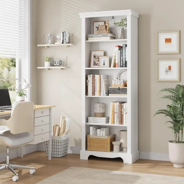 Main image of 5-Tier Bookshelves and Bookcases, 61.1 inch Tall Bookshelf with Ample Storage Space, Wooden Bookcase, Modern Bookshelf for Study Room, Living Room, Home Office, Bedroom (White)