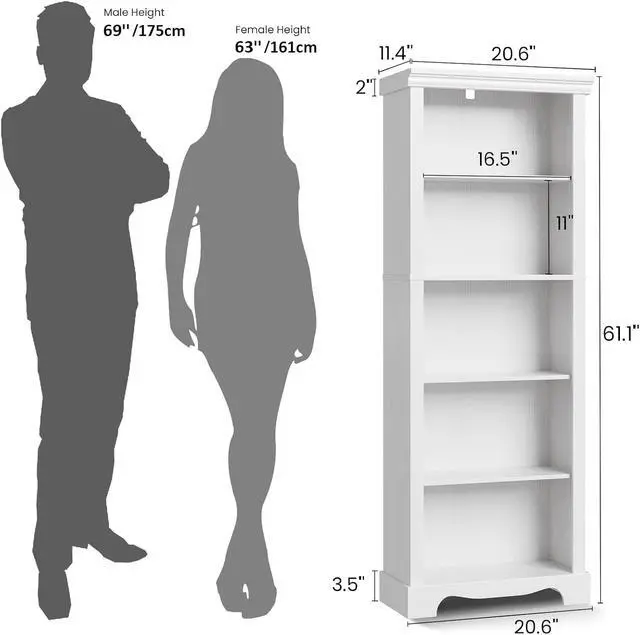 Alt view image 2 of 7 - 5-Tier Bookshelves and Bookcases, 61.1 inch Tall Bookshelf with Ample Storage Space, Wooden Bookcase, Modern Bookshelf for Study Room, Living Room, Home Office, Bedroom (White)